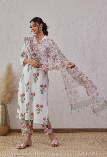 White and Pink Floral Hand Block Printed Cotton Kurta Set with Dupatta