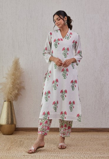 White and Pink Floral Hand Block Printed Cotton Kurta Set with Dupatta