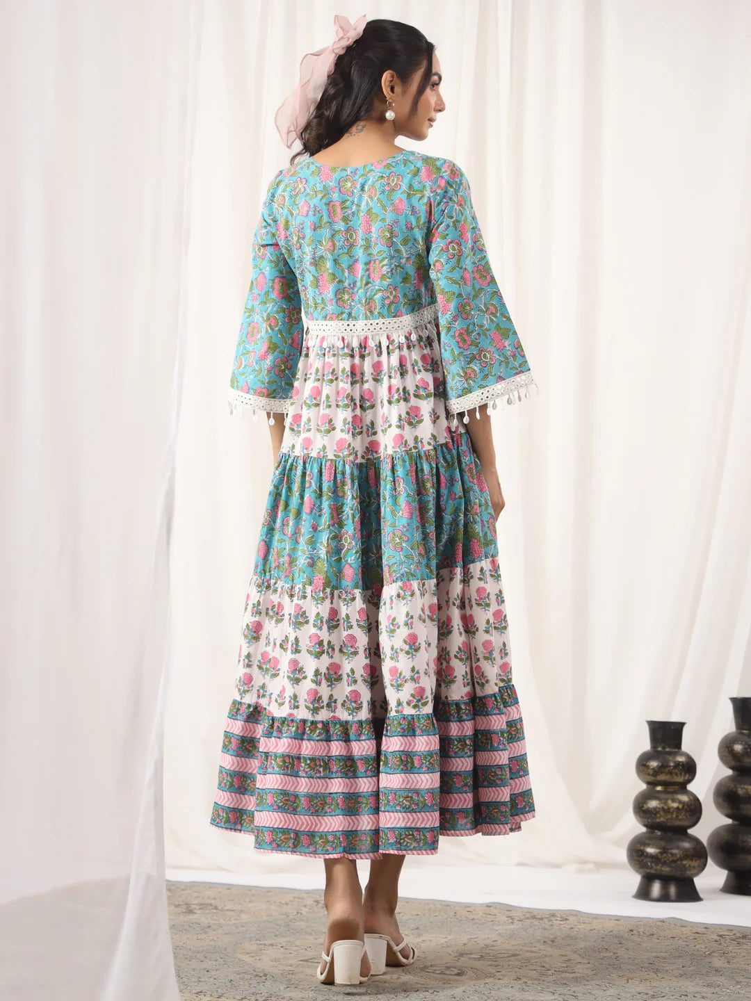 White and Turquoise Handblock Printed V-Neck Cotton Tier Dress