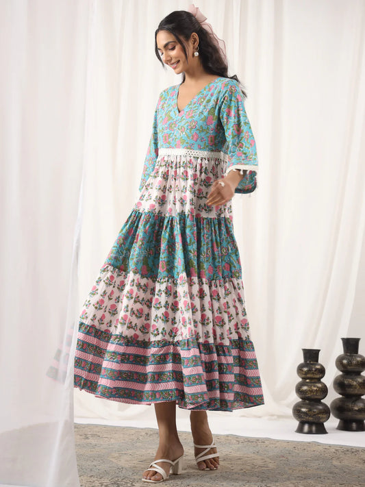 White and Turquoise Handblock Printed V-Neck Cotton Tier Dress