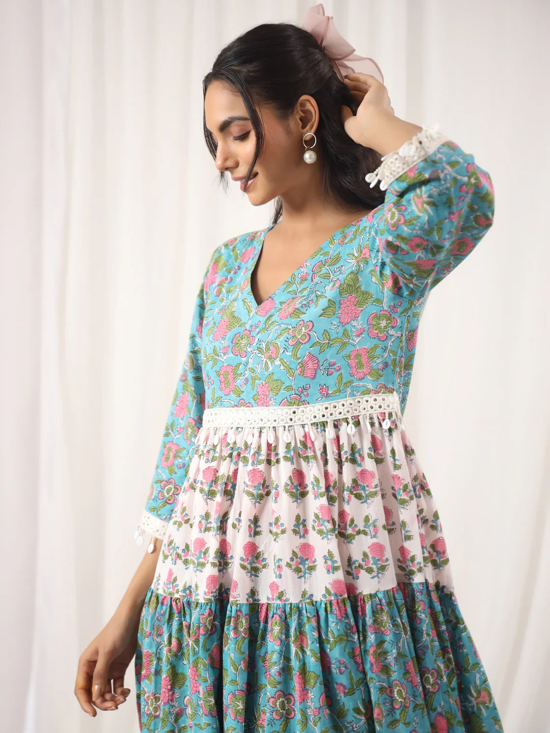 White and Turquoise Handblock Printed V-Neck Cotton Tier Dress