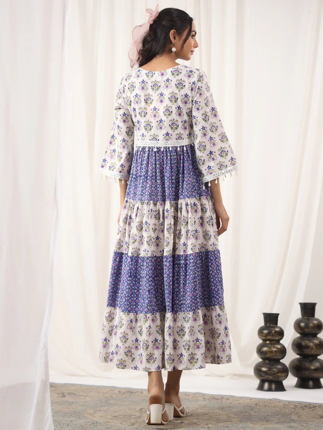 White and Blue Handblock Printed V-Neck Dress