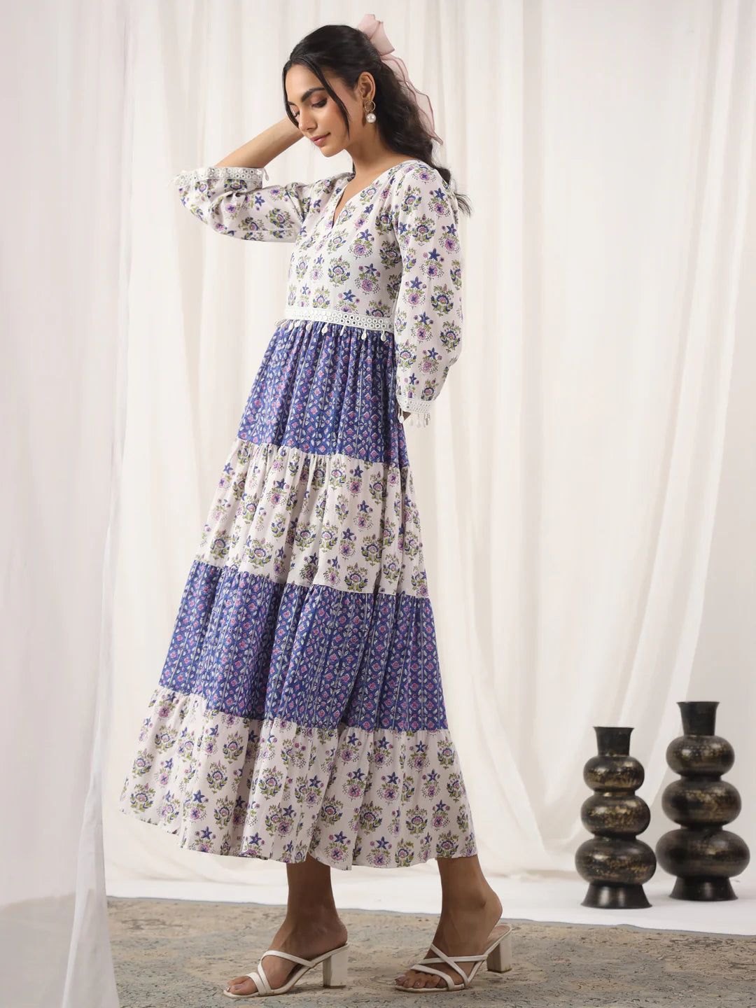 White and Blue Handblock Printed V-Neck Dress