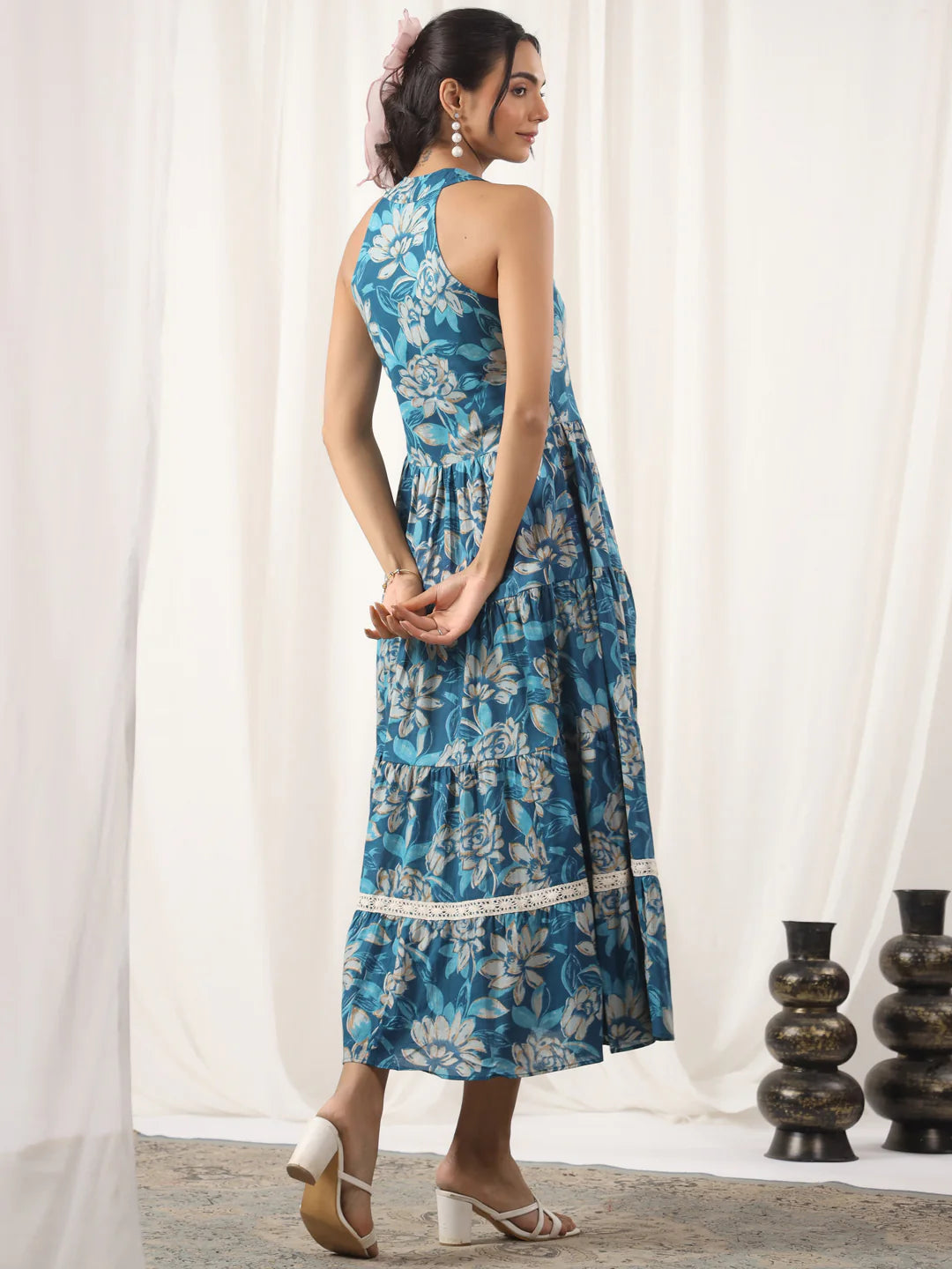 Blue Printed Cotton Halter Dress