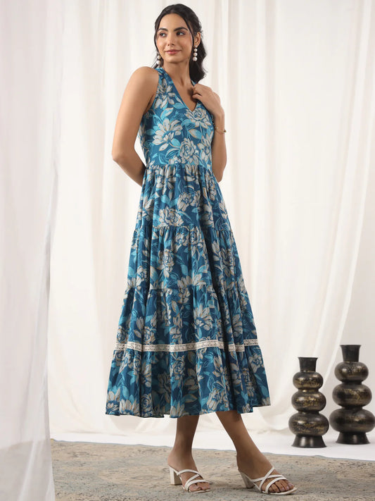 Blue Printed Cotton Halter Dress