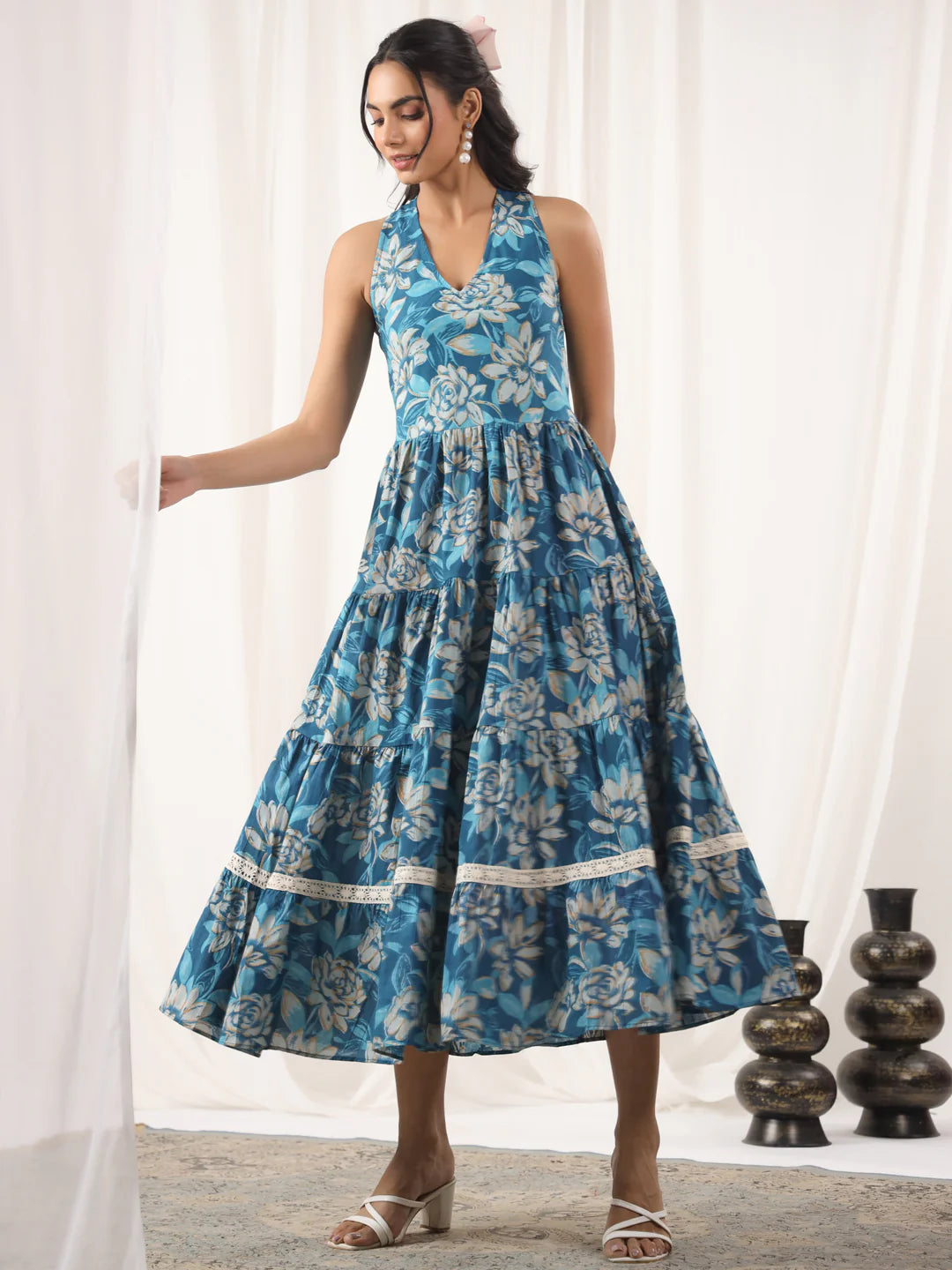 Blue Printed Cotton Halter Dress