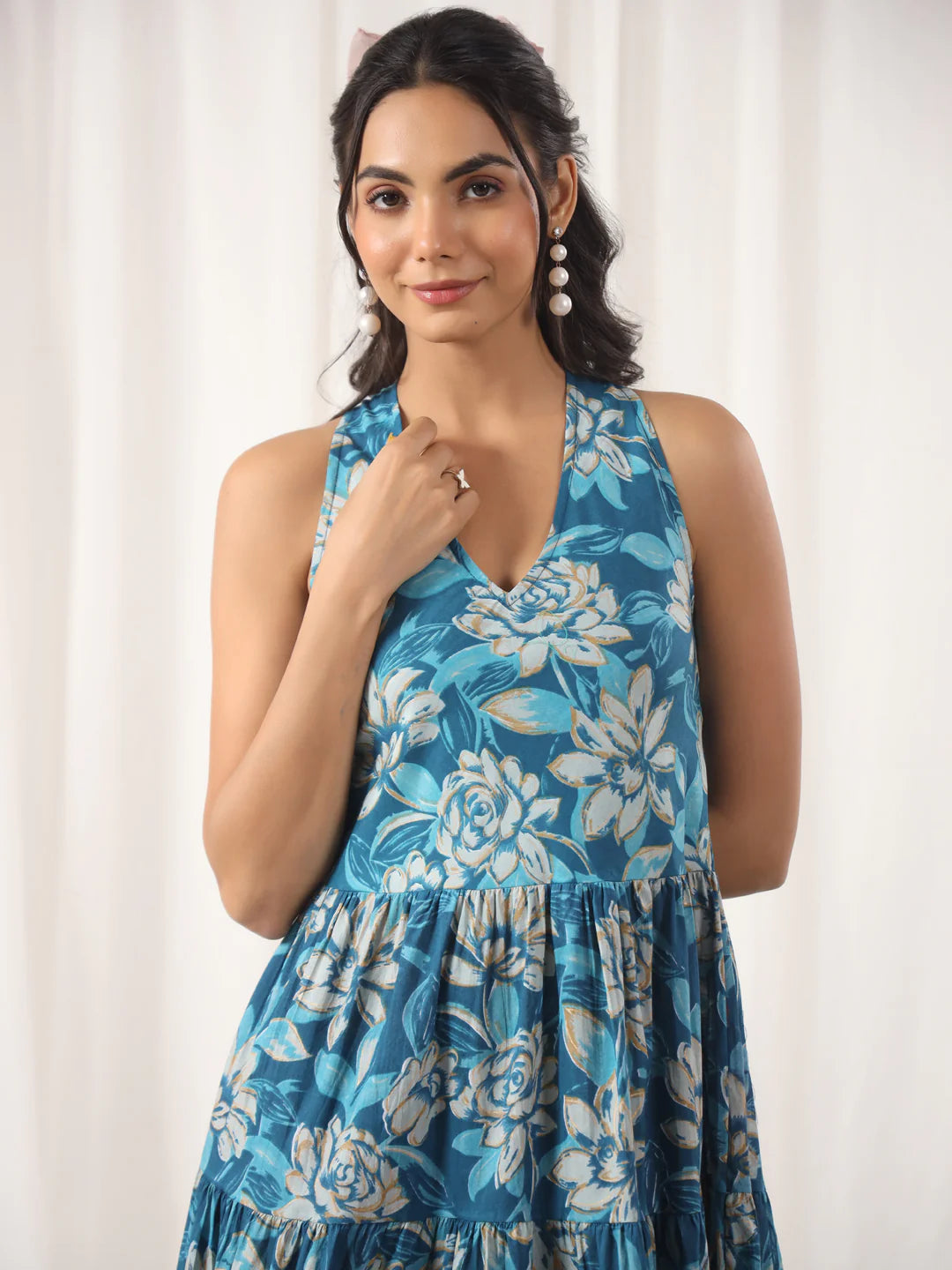 Blue Printed Cotton Halter Dress