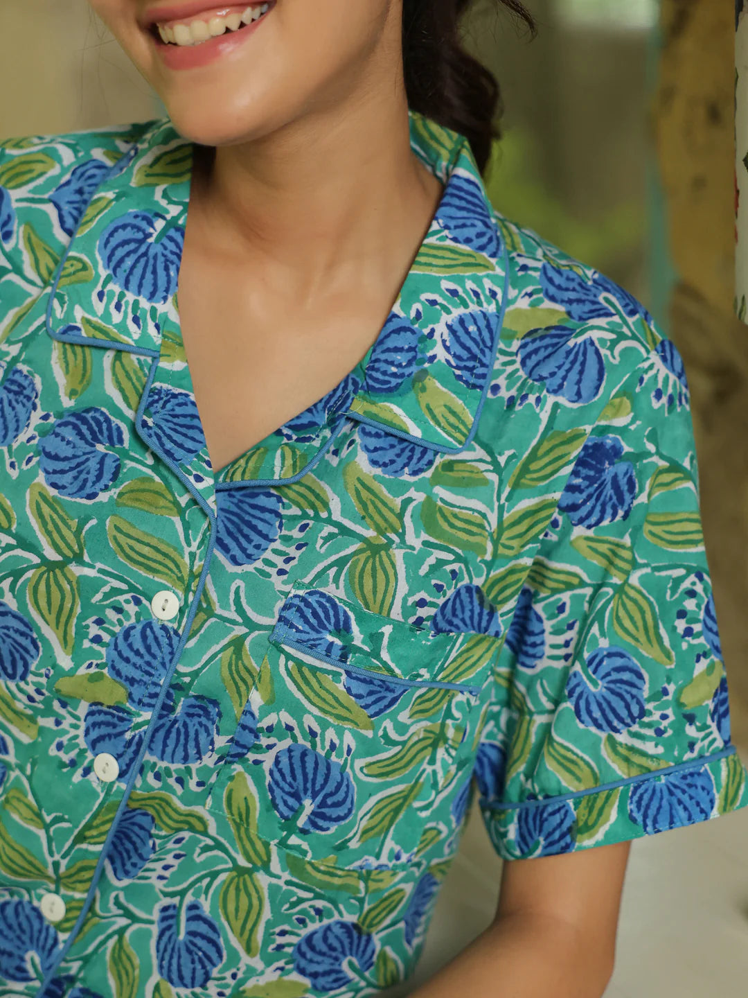 Green & Blue Handblock printed  PJ Shorts set