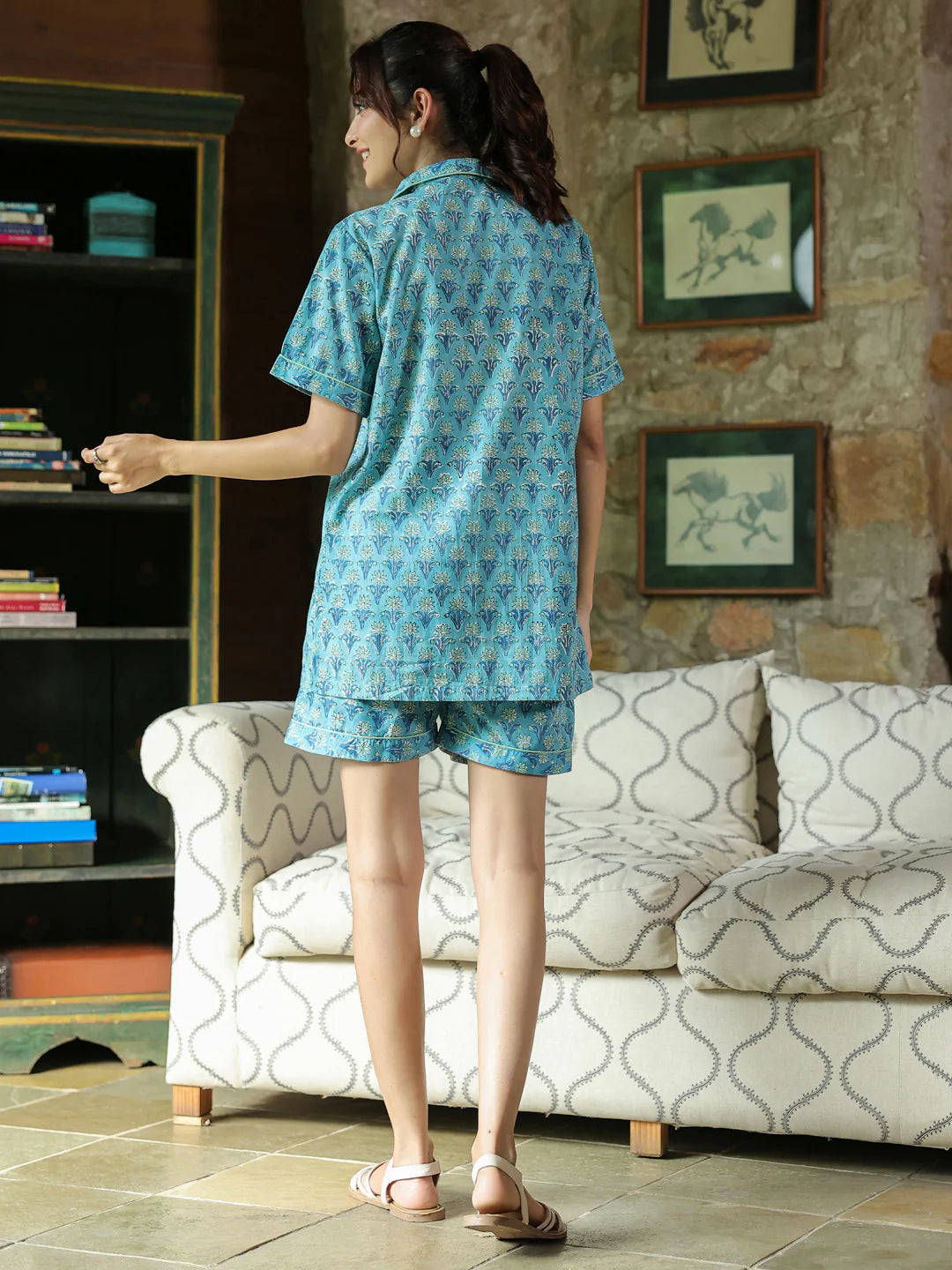 Turquoise Handblock printed PJ Shorts set