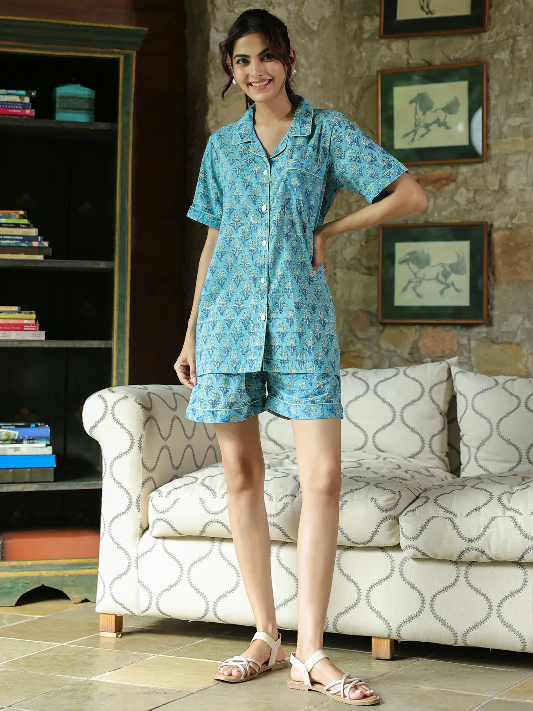 Turquoise Handblock printed PJ Shorts set