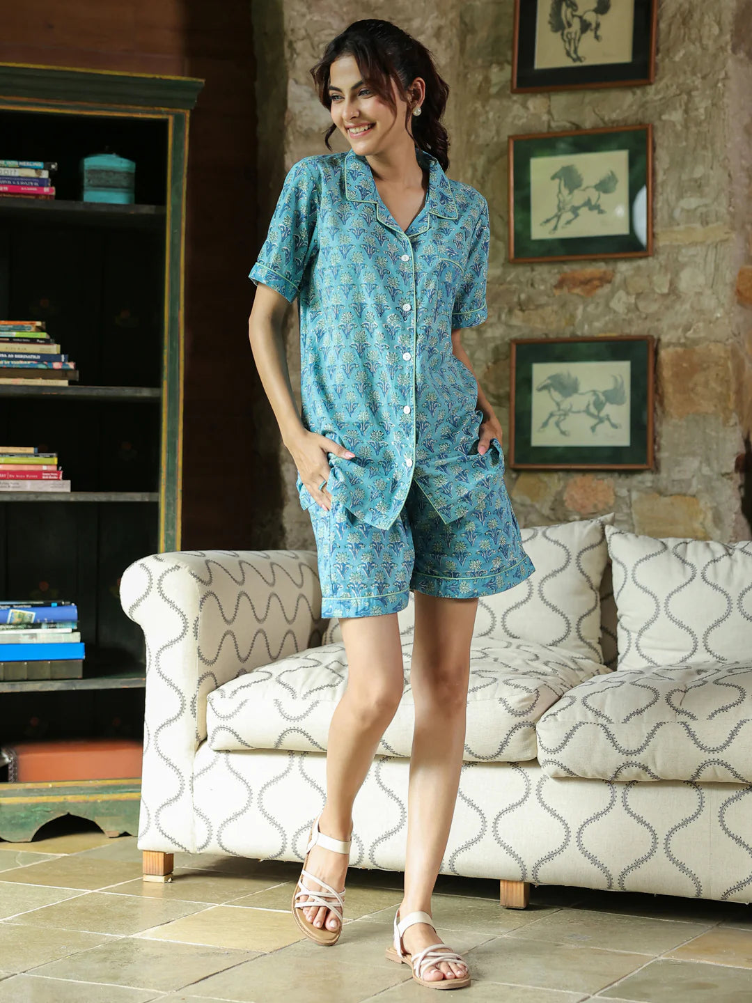 Turquoise Handblock printed PJ Shorts set