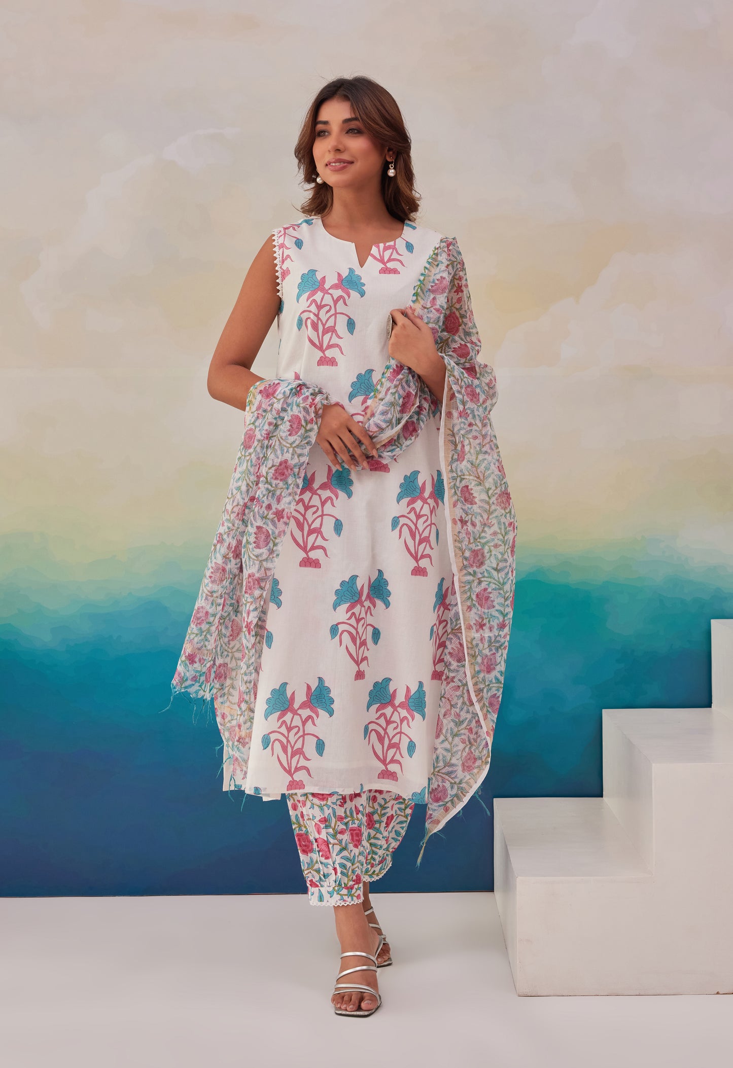 White and Blue Floral Hand Block Printed Cotton Sleeveless Kurta Set with Dupatta