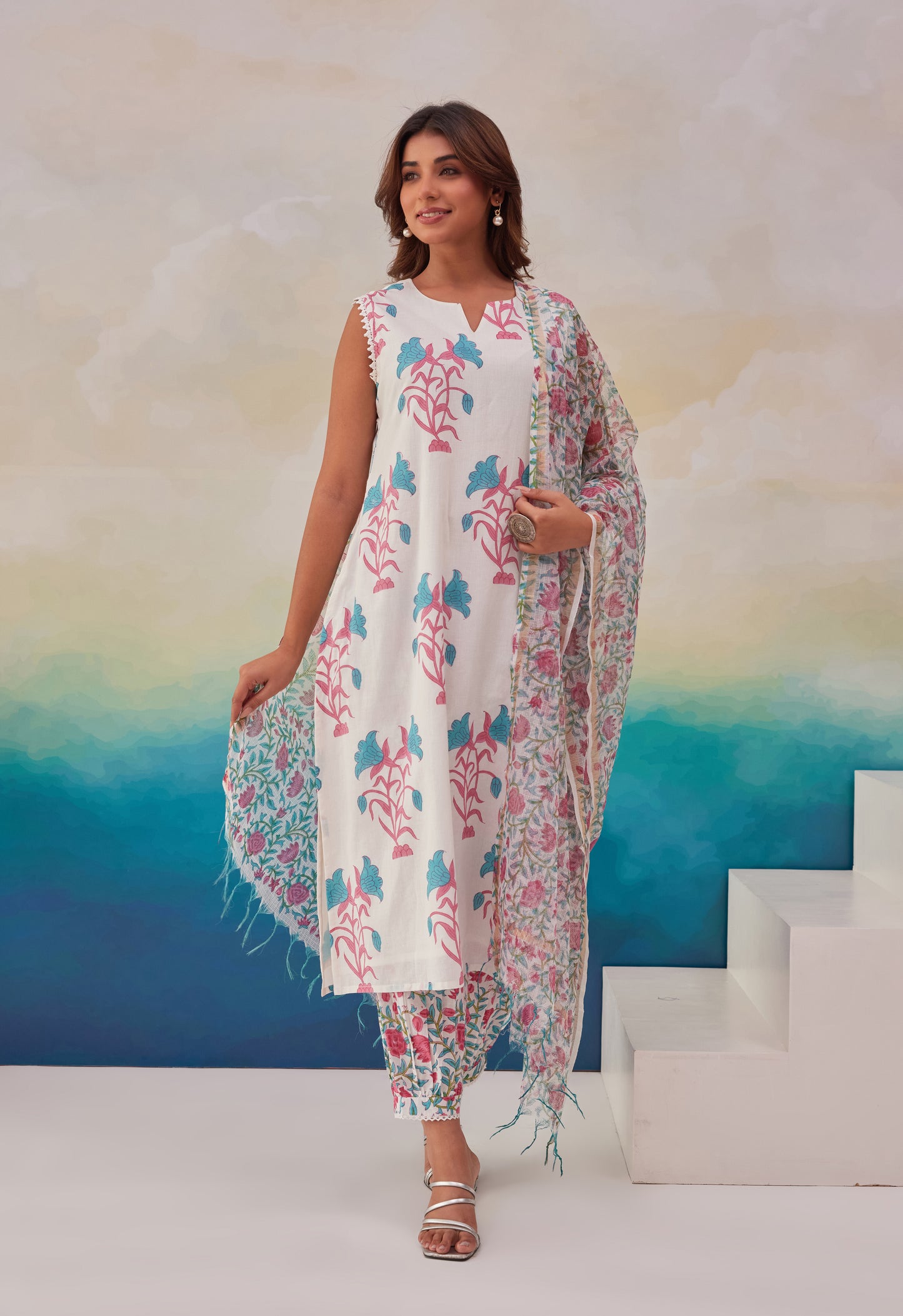 White and Blue Floral Hand Block Printed Cotton Sleeveless Kurta Set with Dupatta