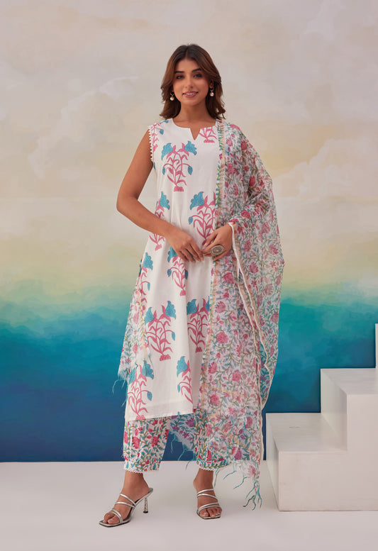 White and Blue Floral Hand Block Printed Cotton Sleeveless Kurta Set with Dupatta