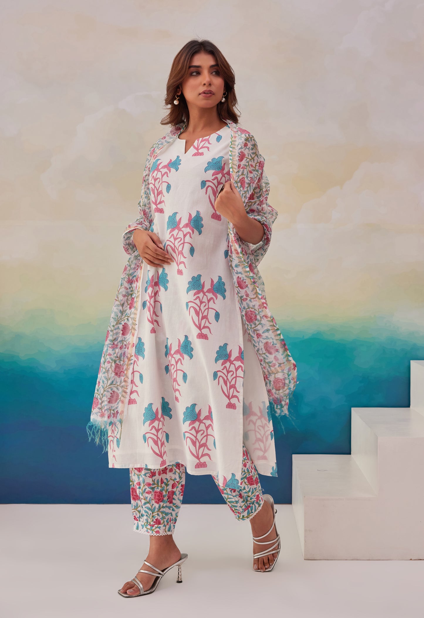 White and Blue Floral Hand Block Printed Cotton Sleeveless Kurta Set with Dupatta