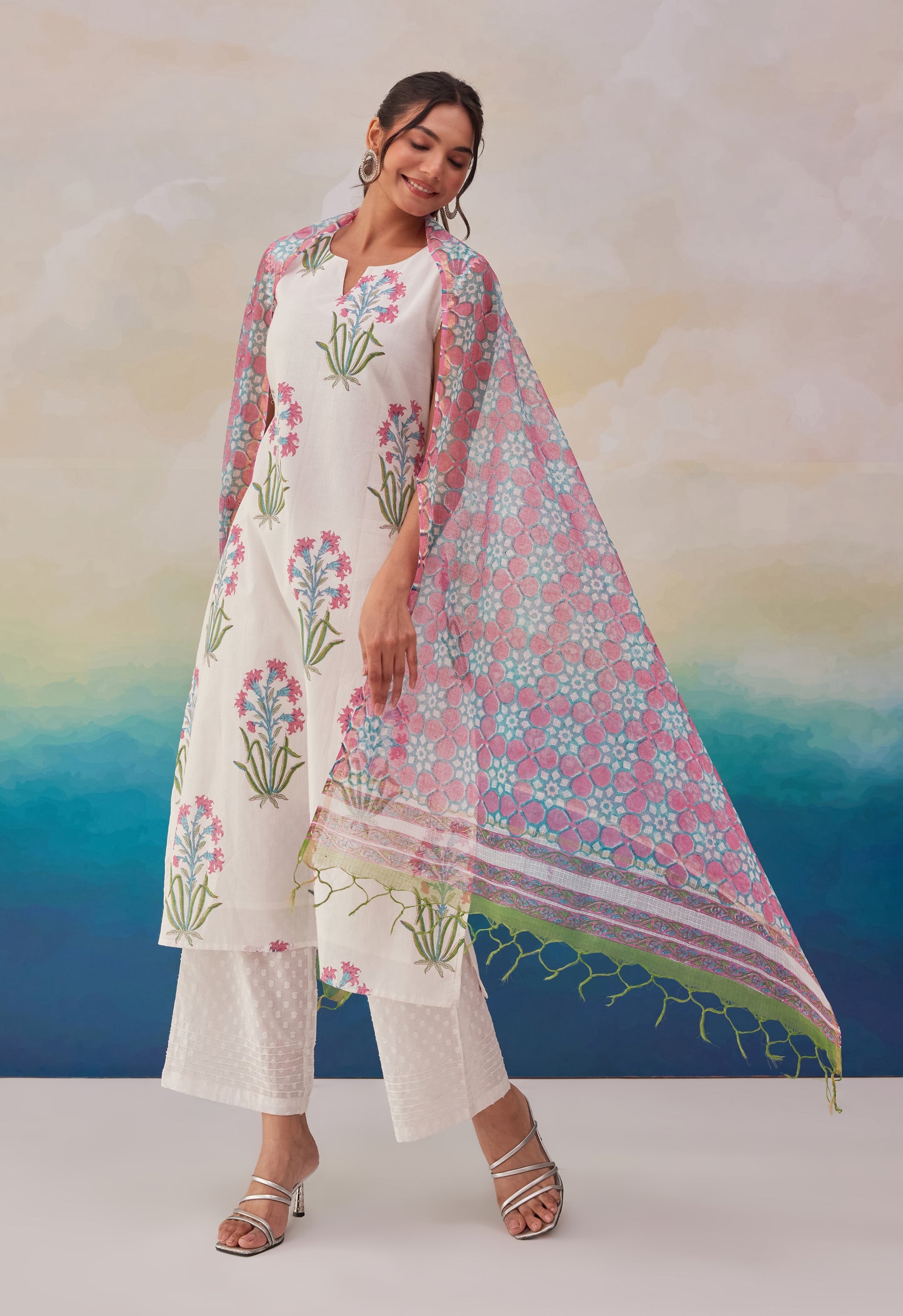 White Hand Block Printed Kurta Set With Dupatta