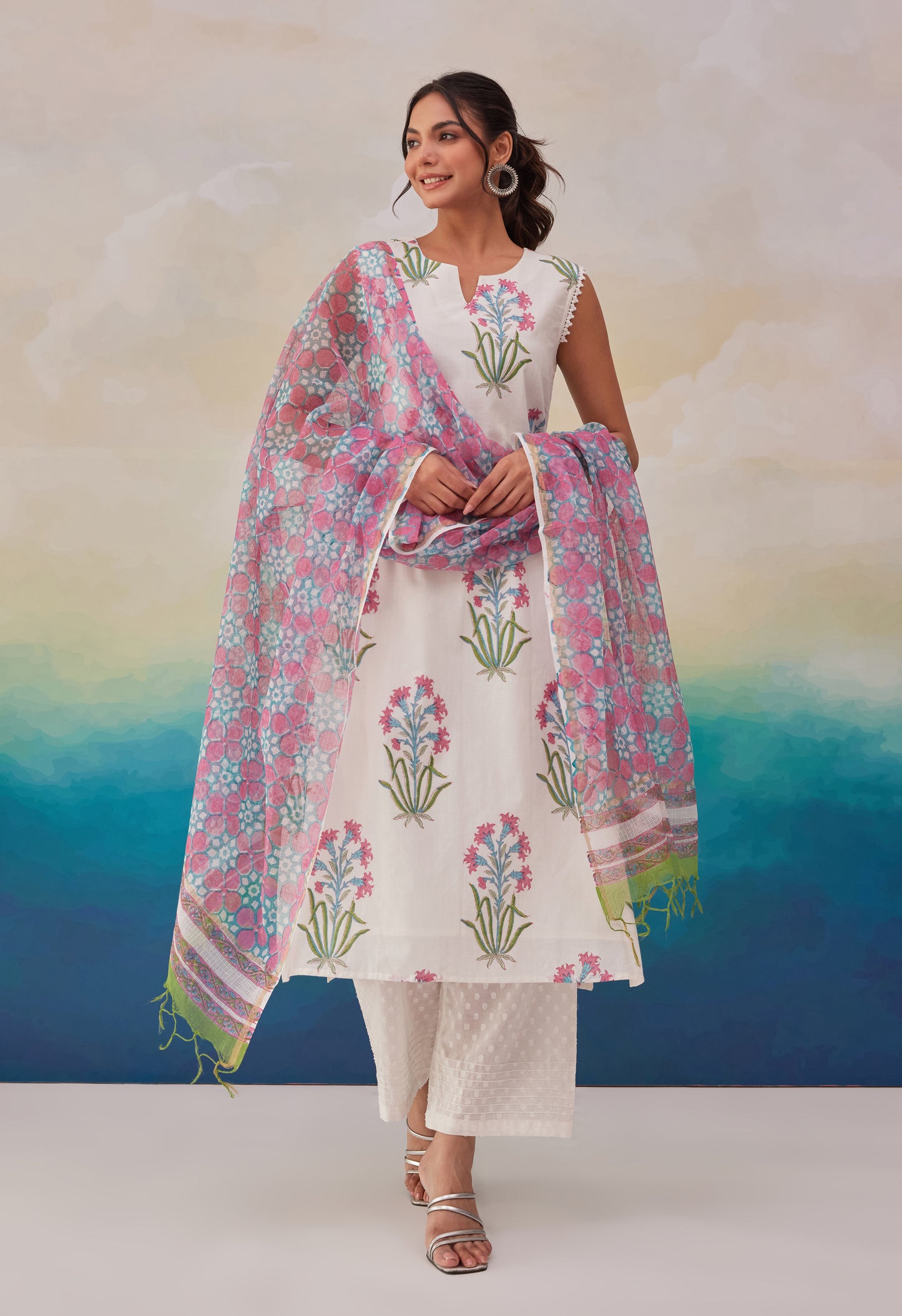 White Hand Block Printed Kurta Set With Dupatta