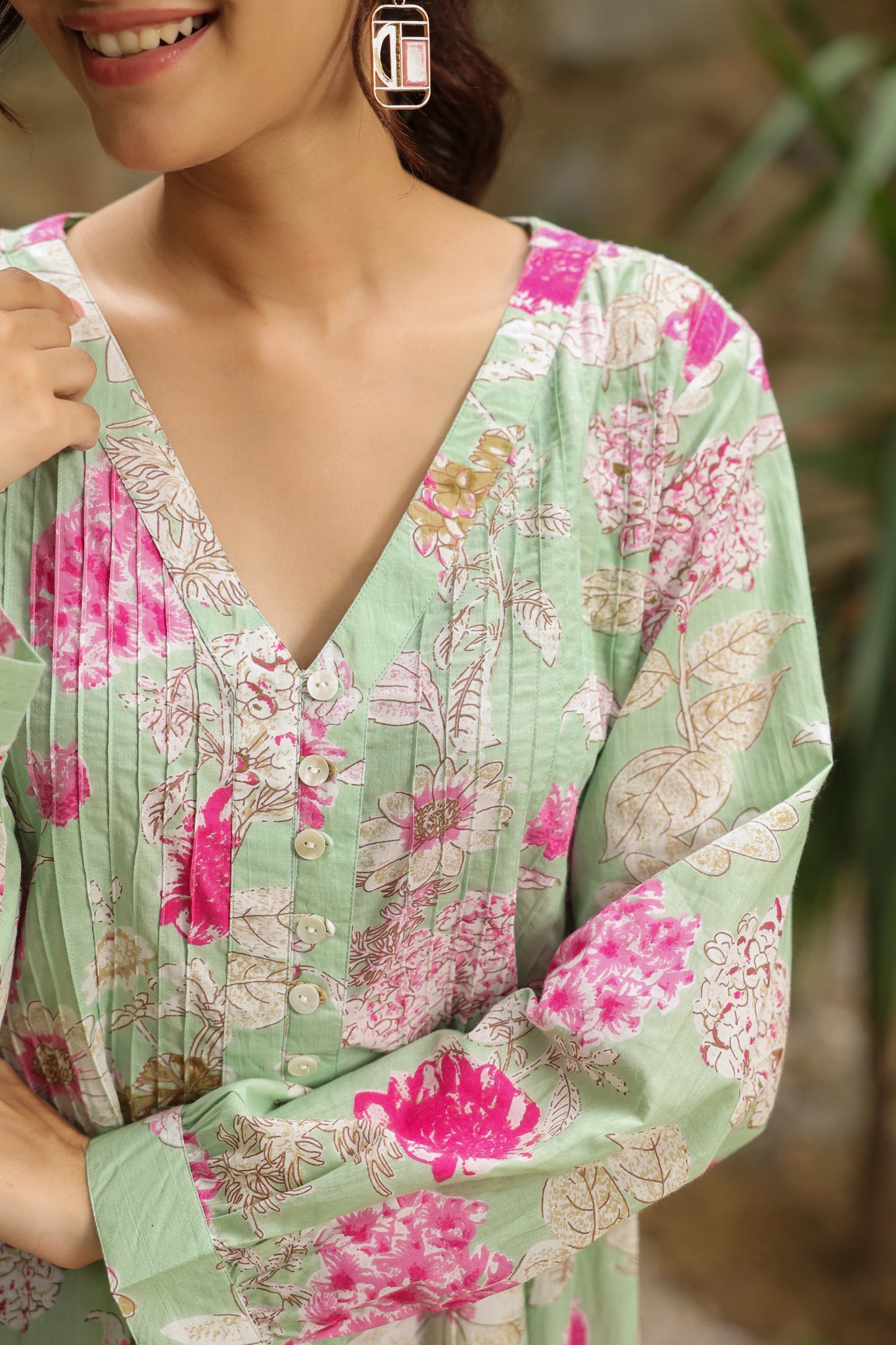 Green Printed Pintucks Top