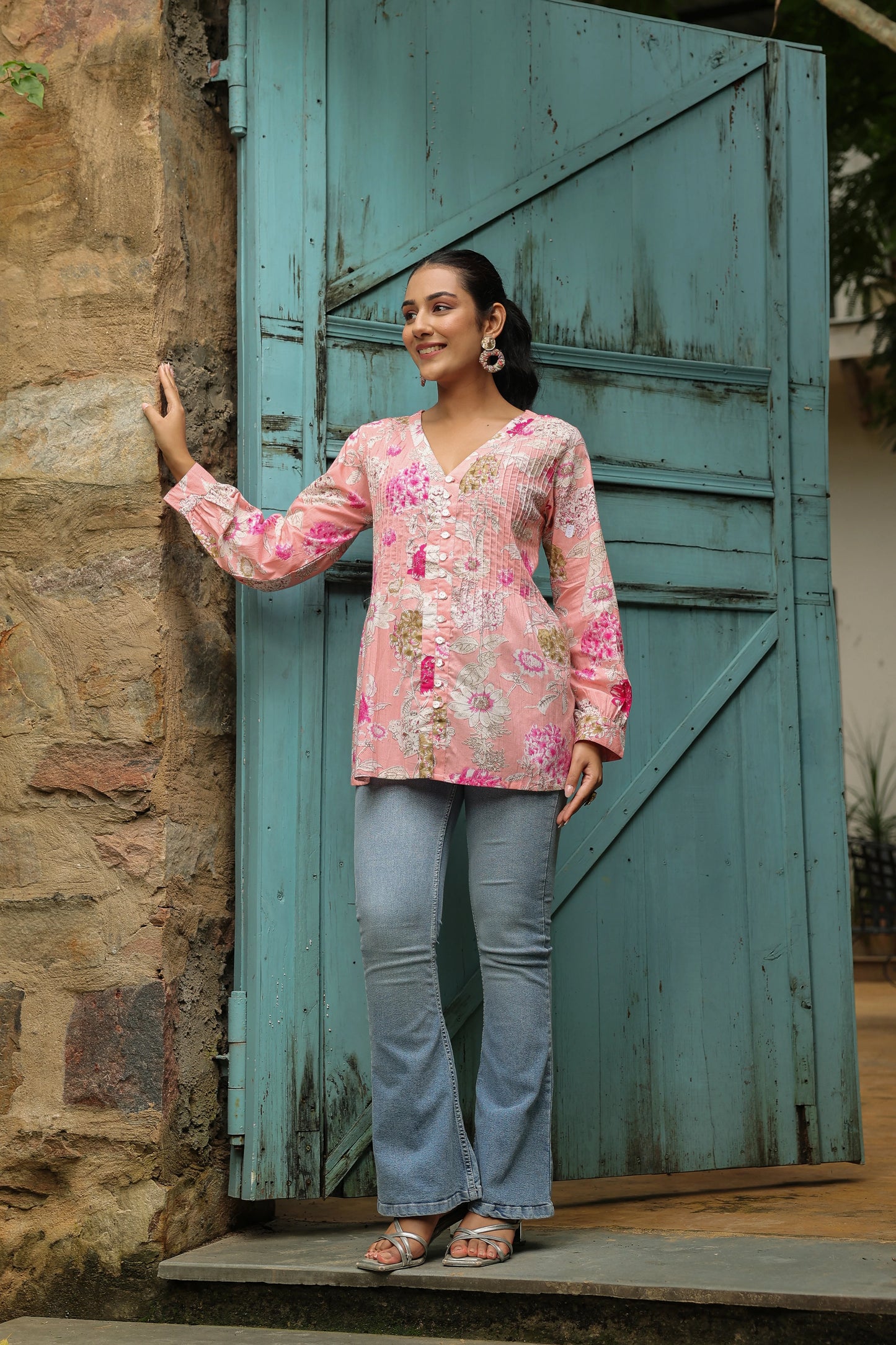 Pink Printed Pintucks Cotton Top