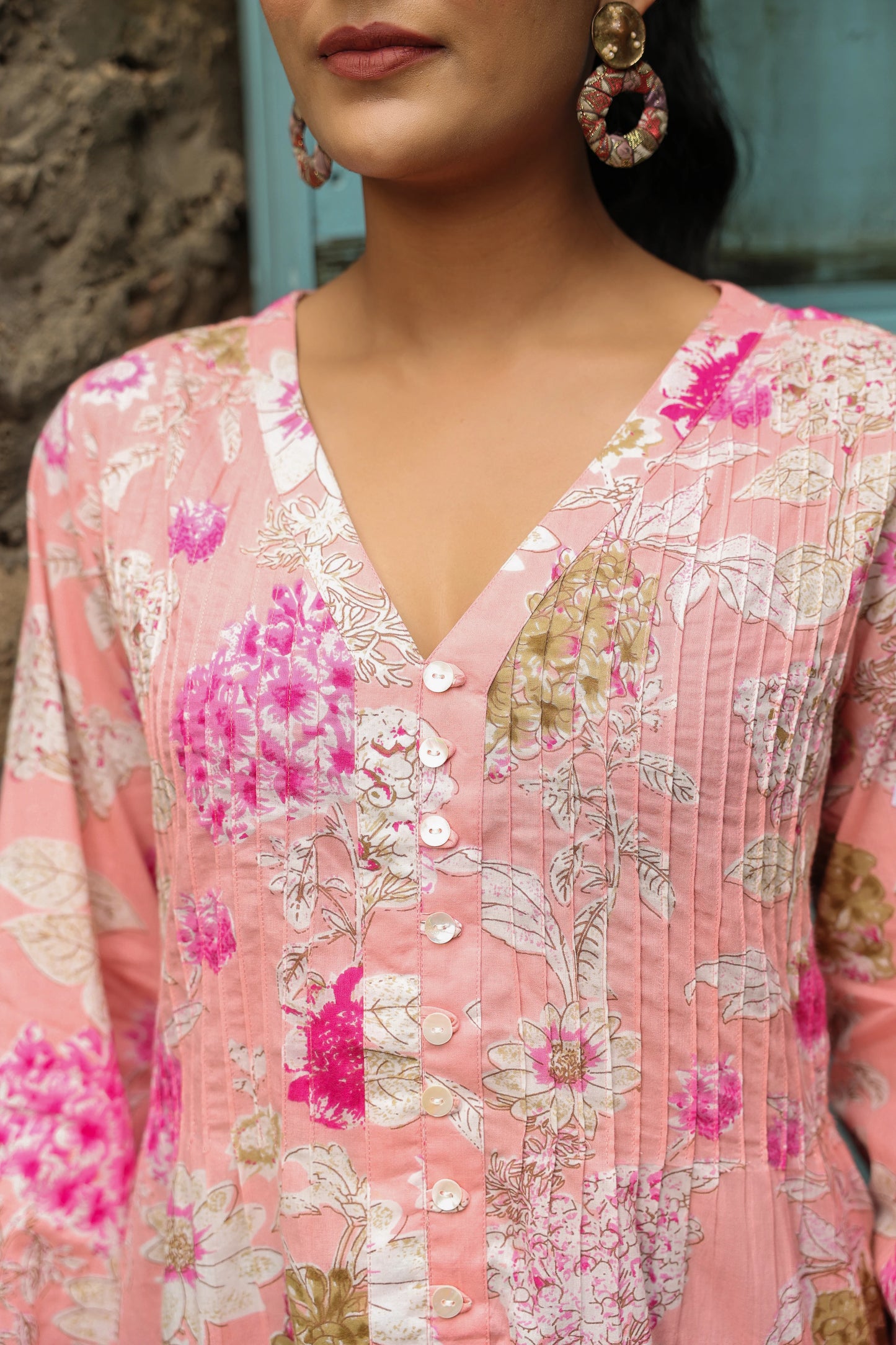 Pink Printed Pintucks Cotton Top