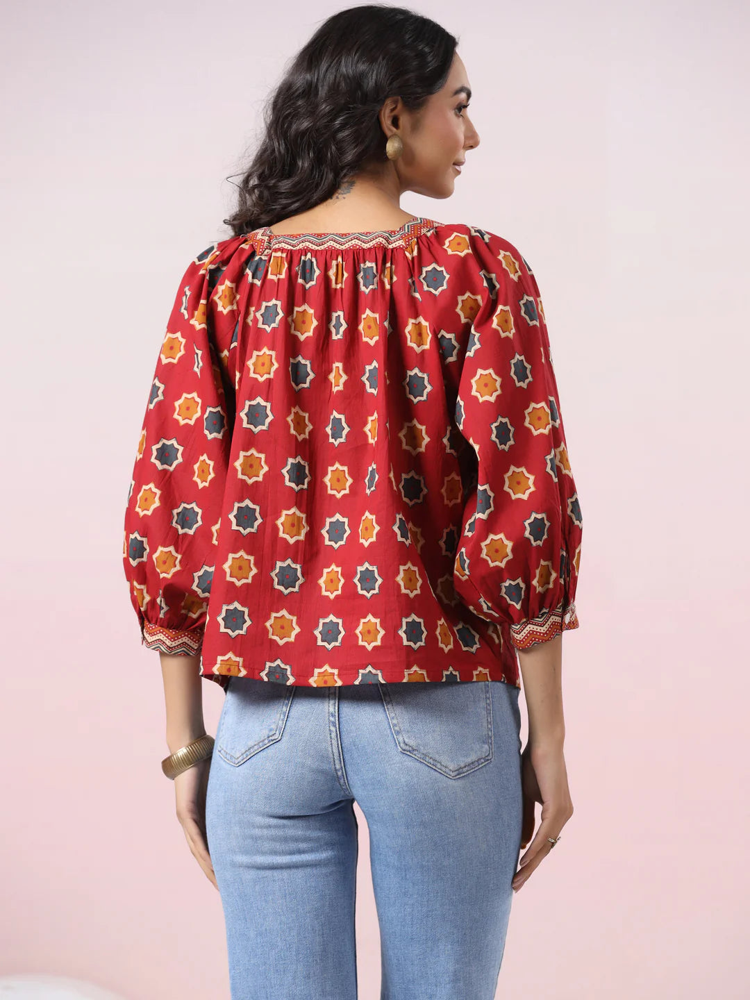 Red Star Printed Cotton Printed Crop Top