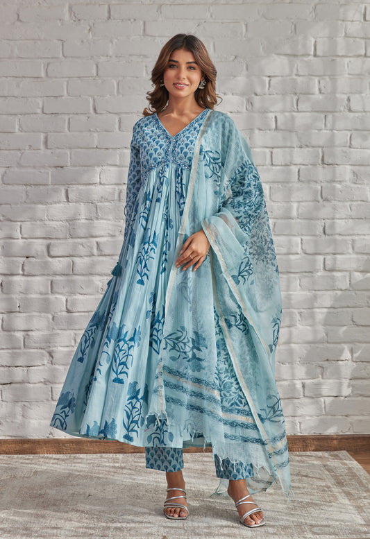 Blue Floral Printed Hand Block Printed Cotton kurta set with Dupatta