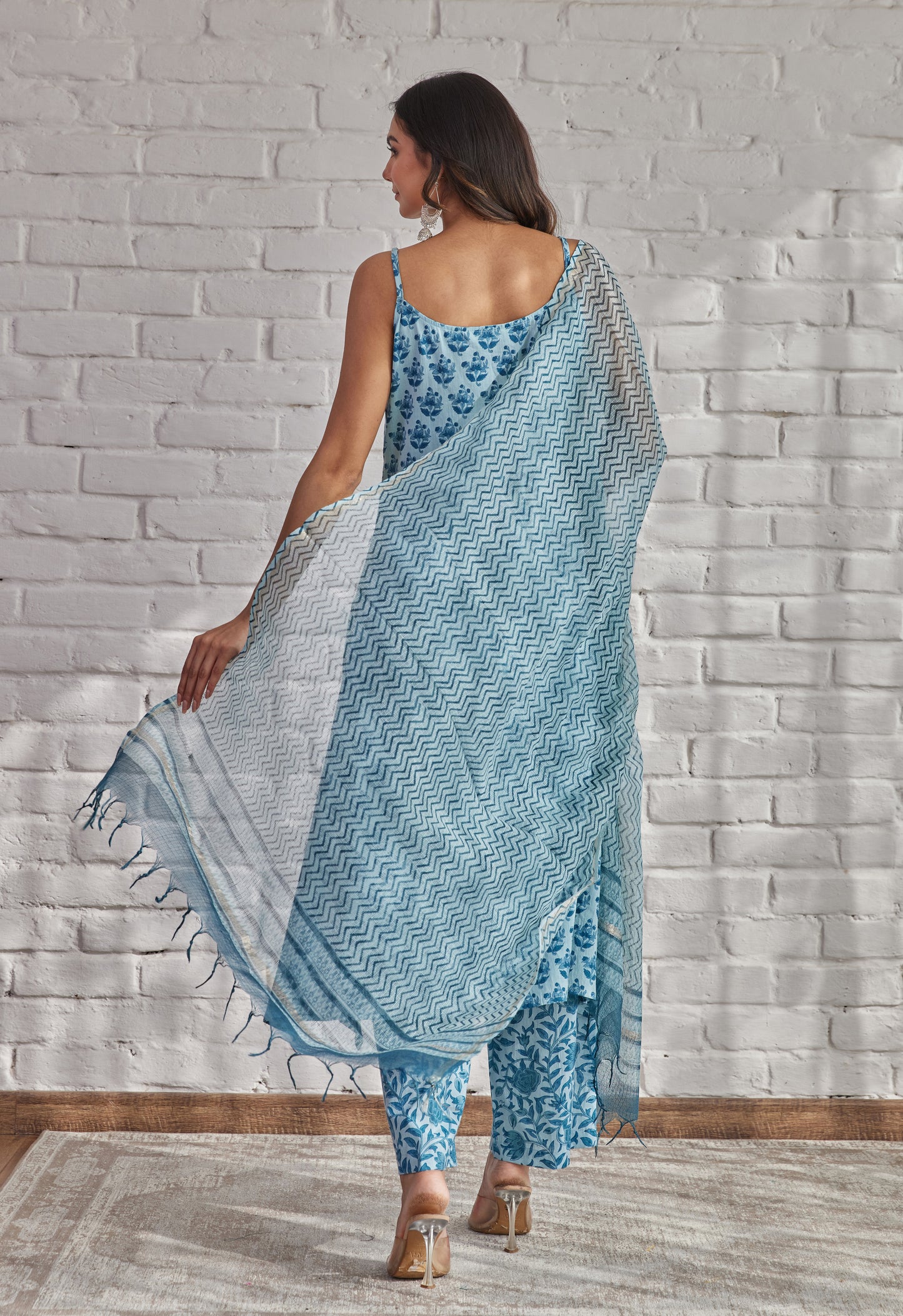 Blue Strappy Suit Set with Doriya Dupatta