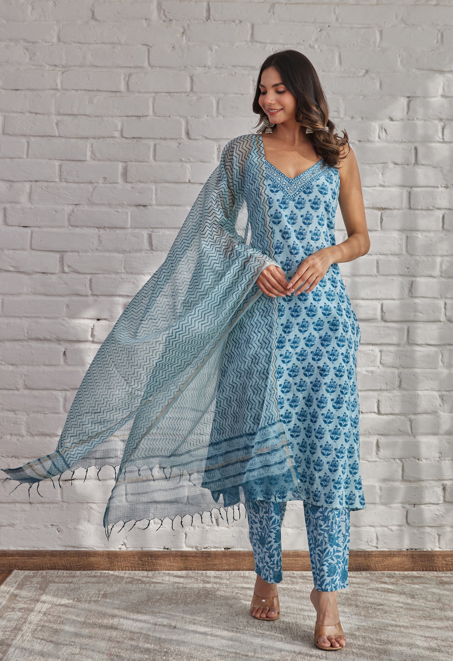 Blue Strappy Suit Set with Doriya Dupatta