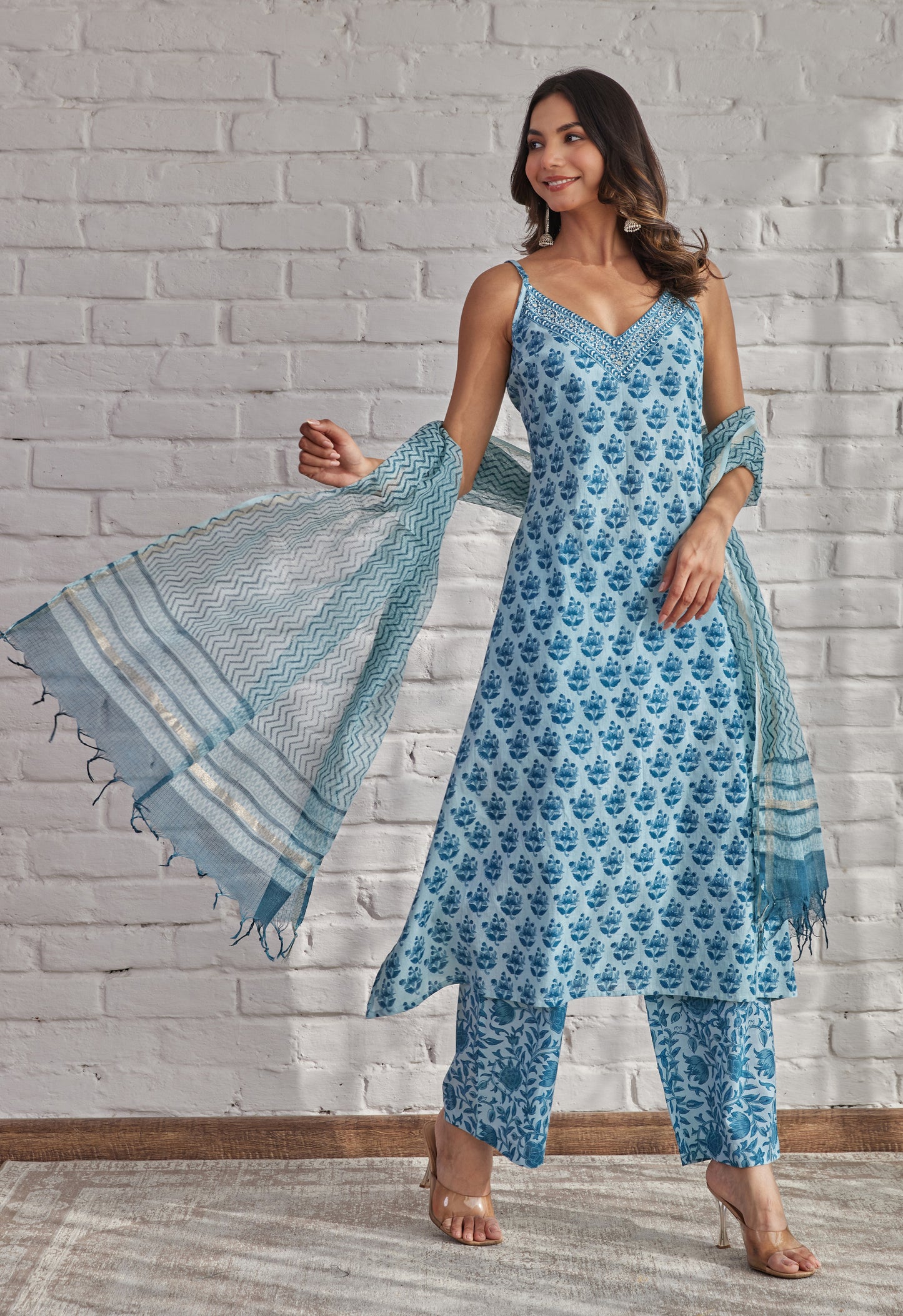 Blue Strappy Suit Set with Doriya Dupatta