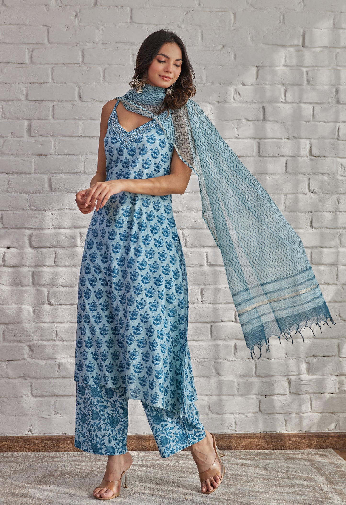 Blue Strappy Suit Set with Doriya Dupatta