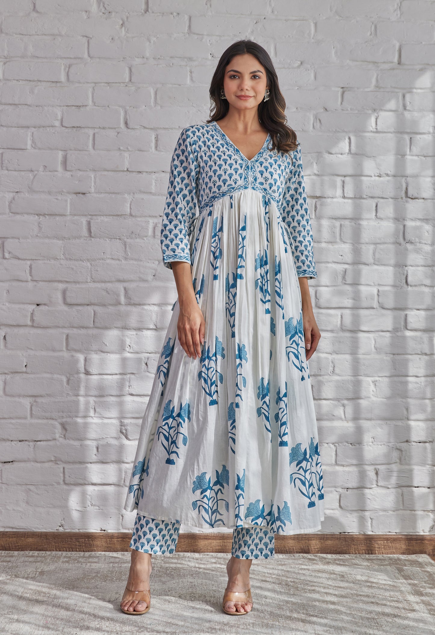 White Floral Printed Hand Block Printed Cotton kurta set with Dupatta