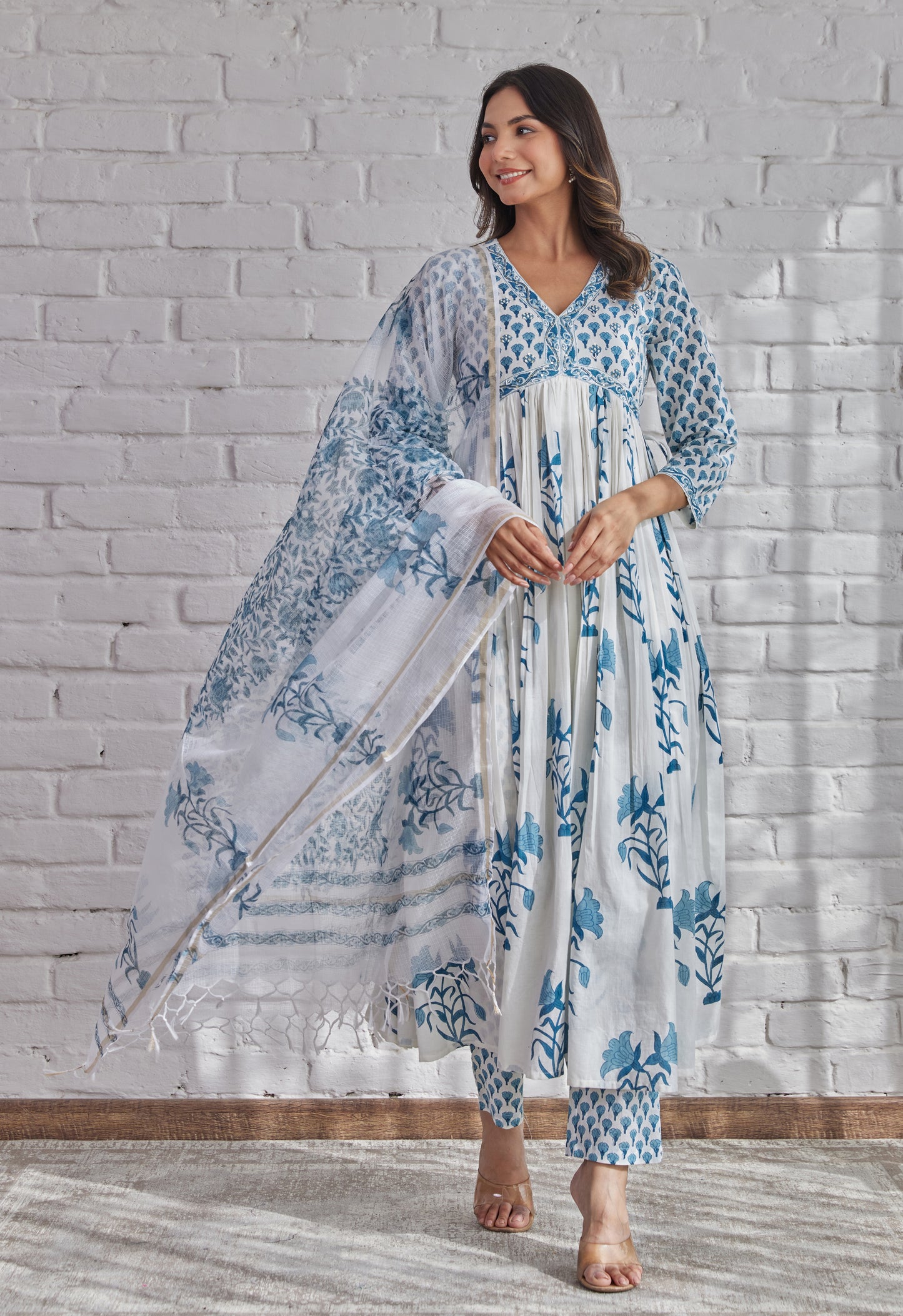 White Floral Printed Hand Block Printed Cotton kurta set with Dupatta