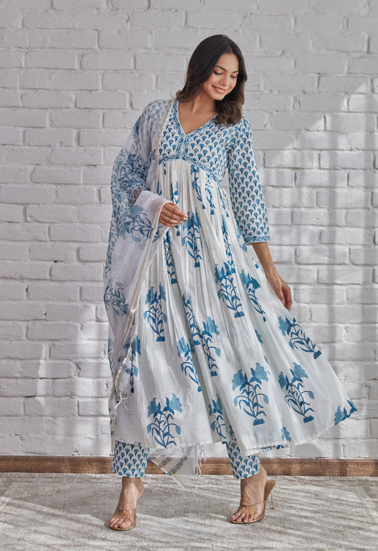 White Floral Printed Hand Block Printed Cotton kurta set with Dupatta