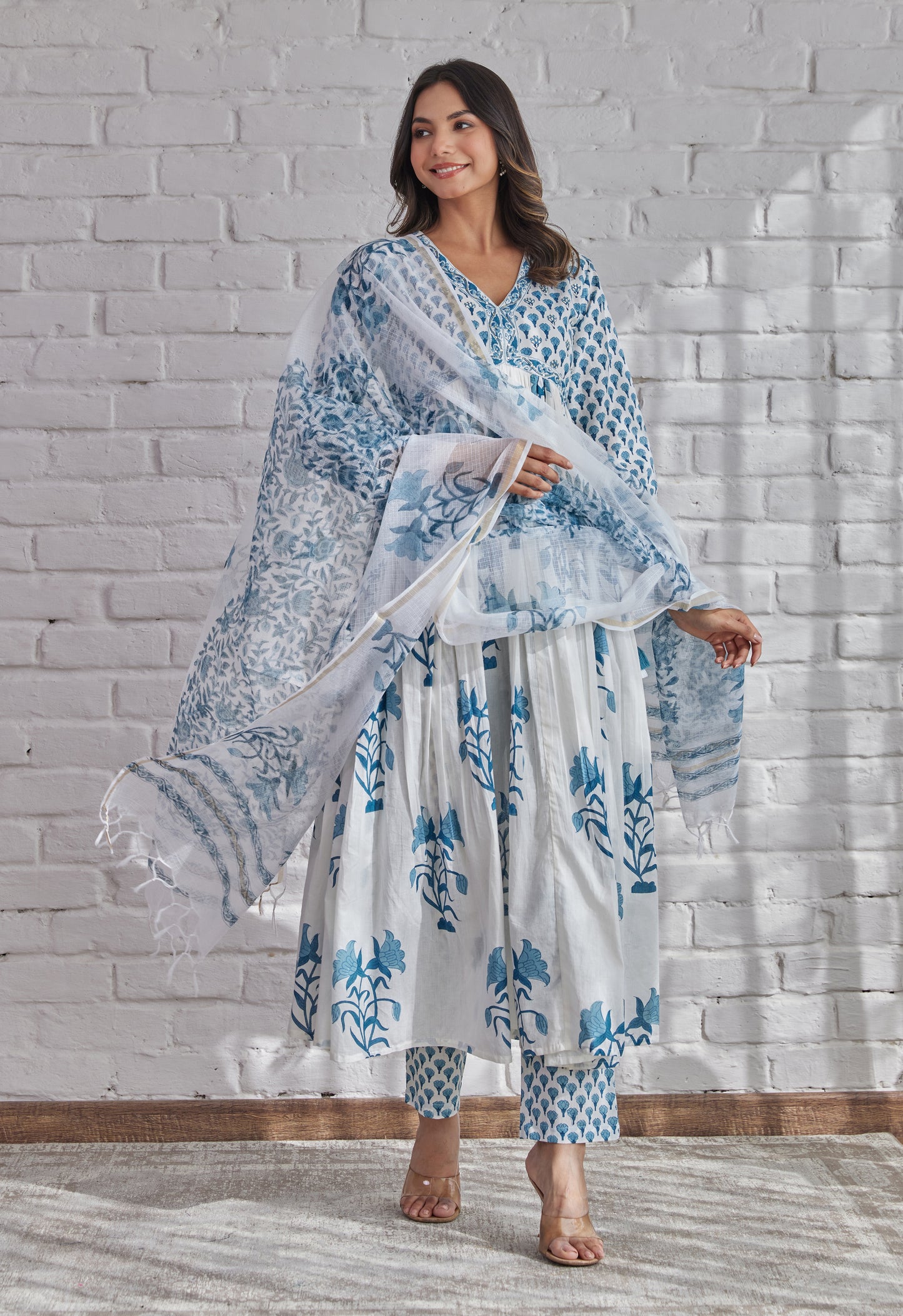 White Floral Printed Hand Block Printed Cotton kurta set with Dupatta