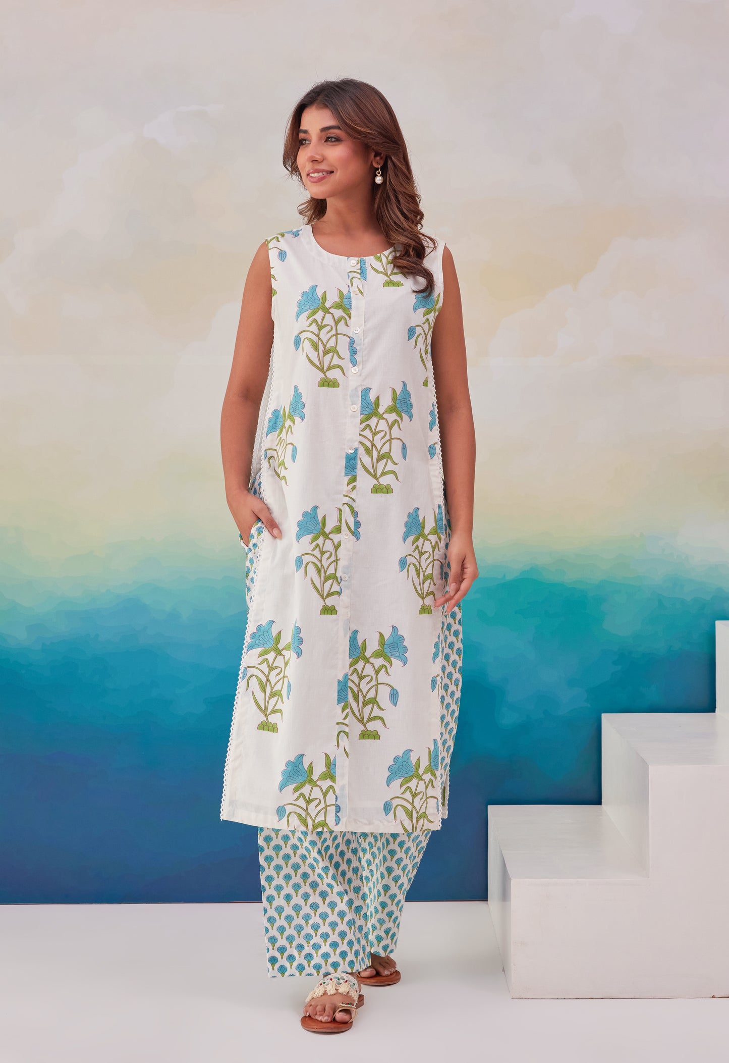 White Hand Block Printed Kurta With Palazzo