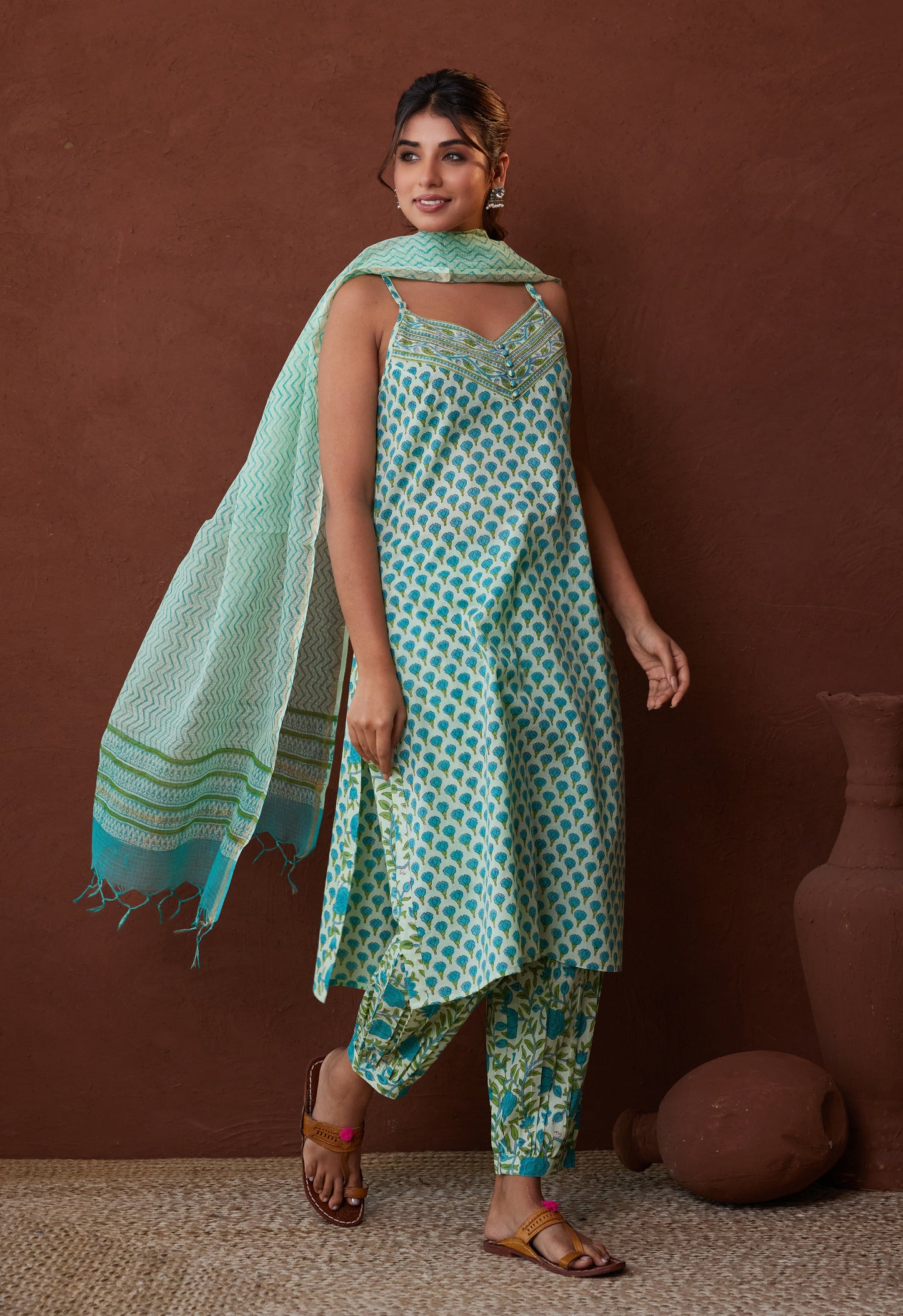 Green Strappy Suit with Doriya Dupatta