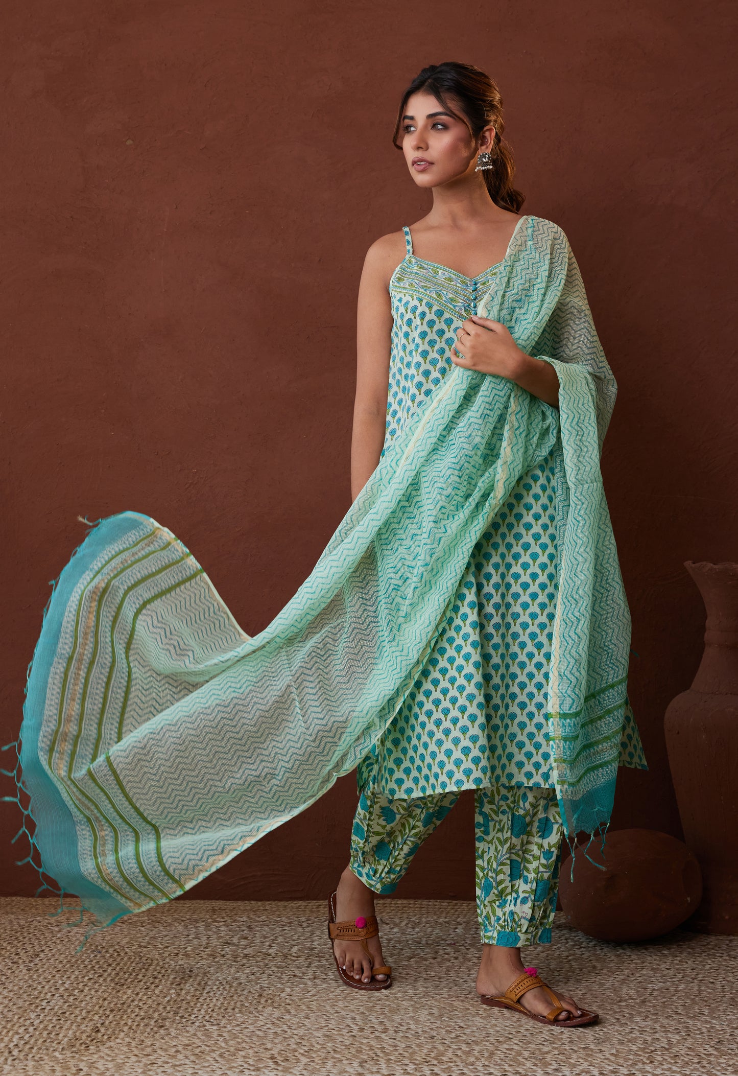 Green Strappy Suit with Doriya Dupatta