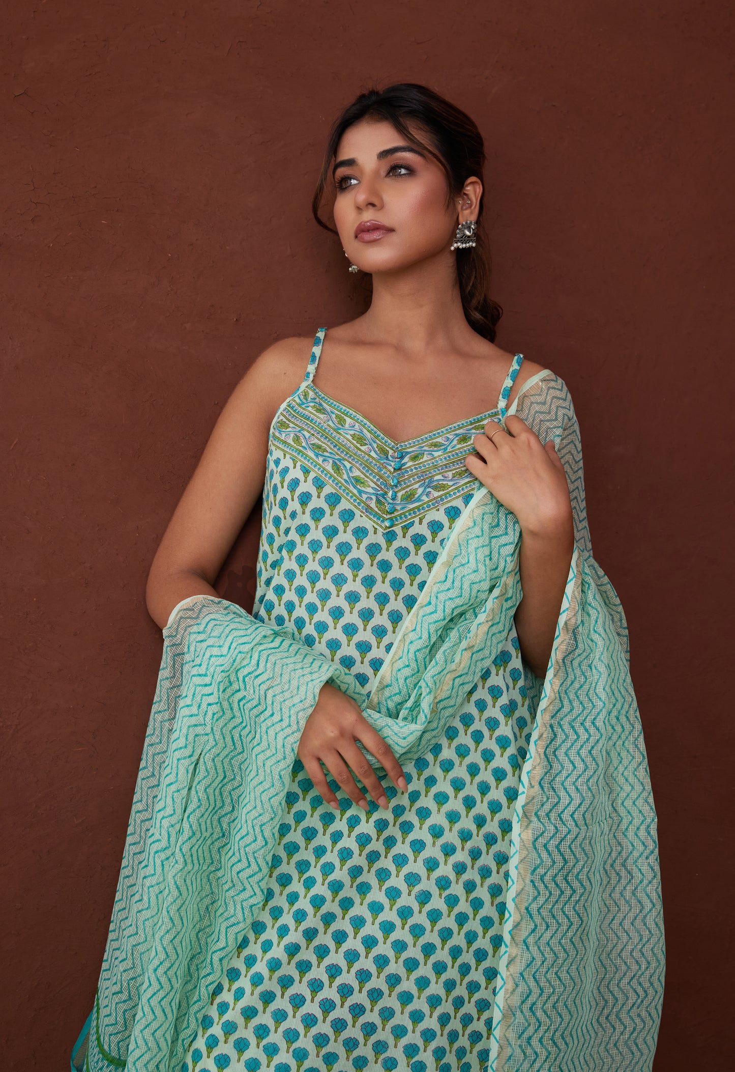 Green Strappy Suit with Doriya Dupatta